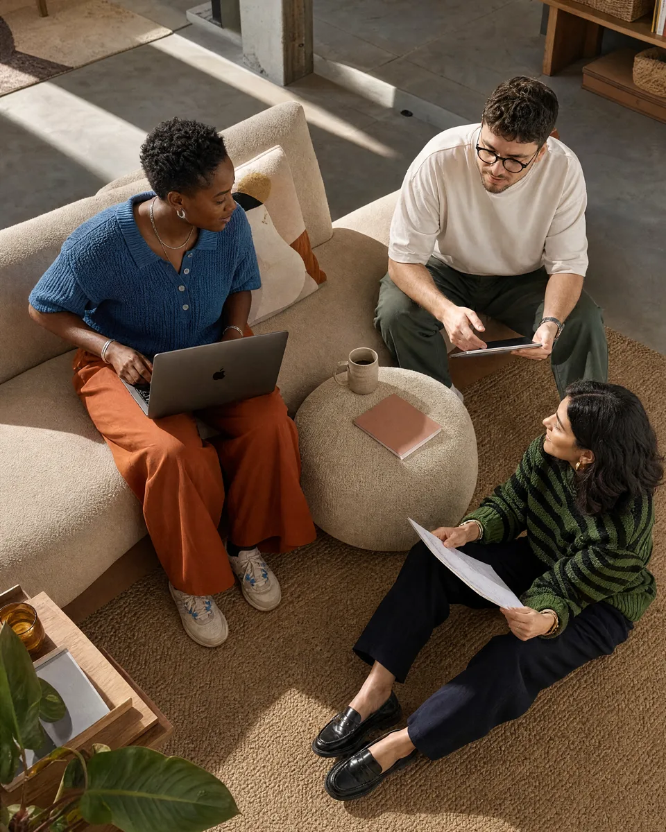 Three creatives working together on a sofa with a laptop and tablet