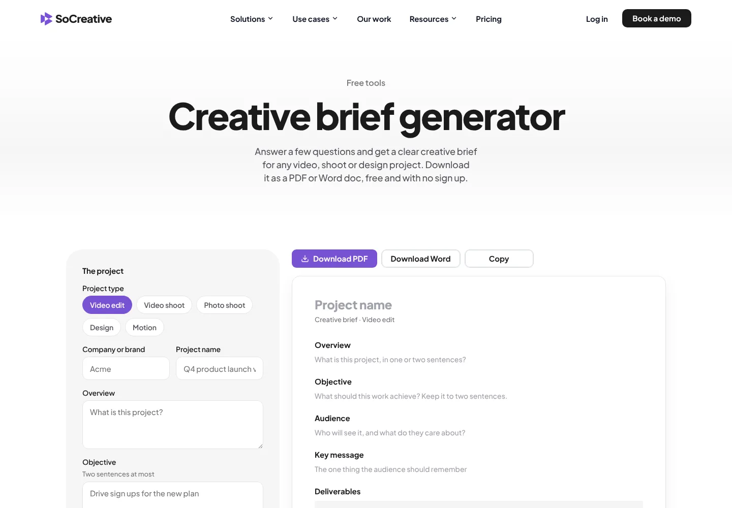 The SoCreative free creative brief generator, with the project fields on the left and the finished brief building on the right