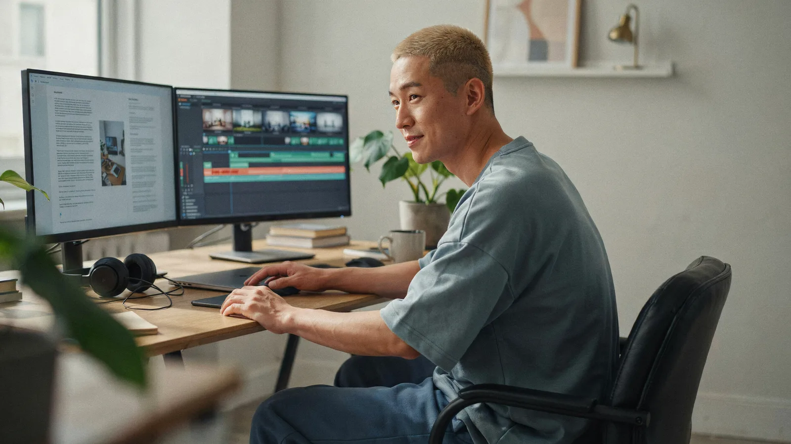 A video editor at a desk reading a brief on one screen while an edit timeline sits open on the other