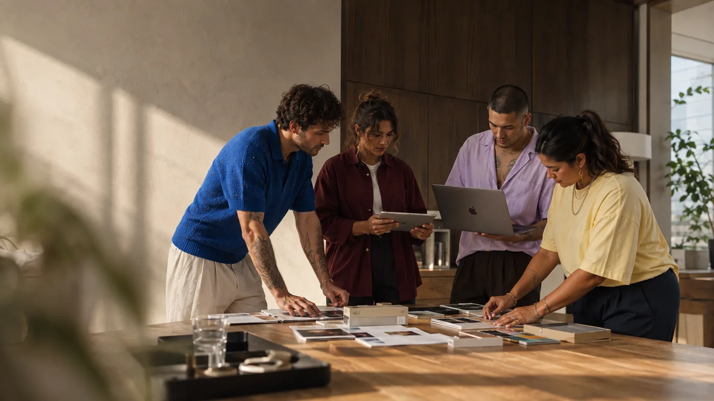 A small team reviewing work together at a table