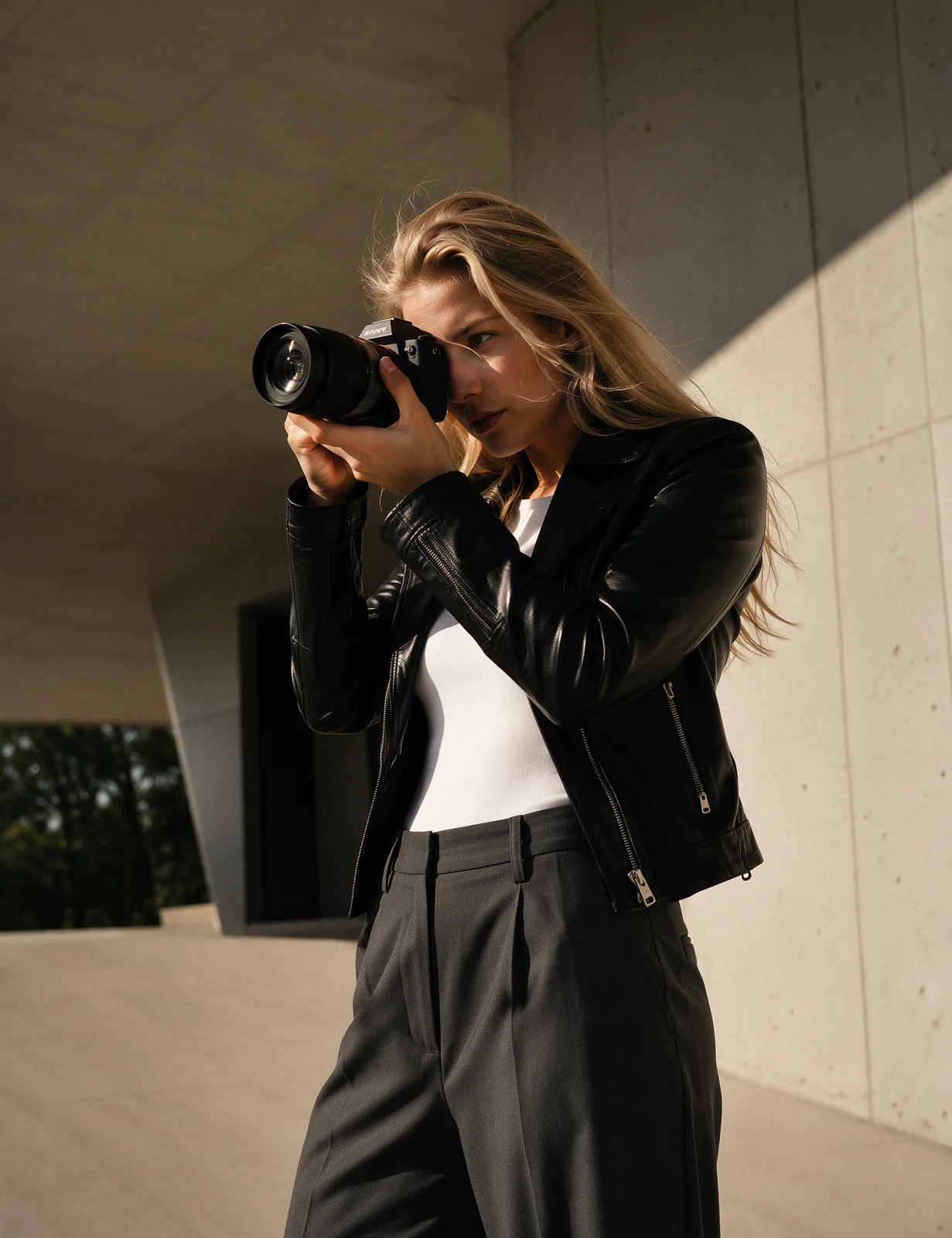Photographer shooting with a camera in a bright studio