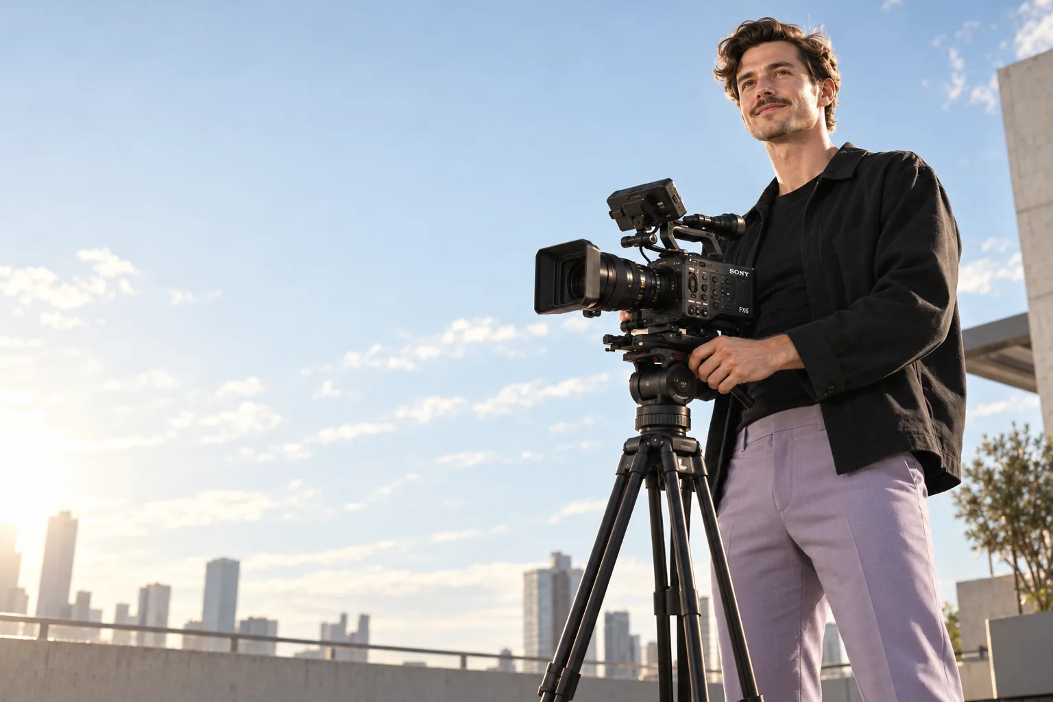 Videographer with a cinema camera on a tripod on a rooftop at sunrise
